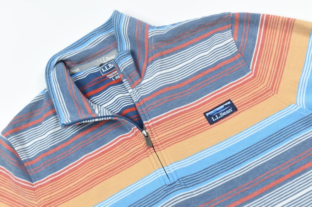LL Bean Comfort Stretch 1/4 Zip Pullover Mens Large Orange Blue Long Sleeve